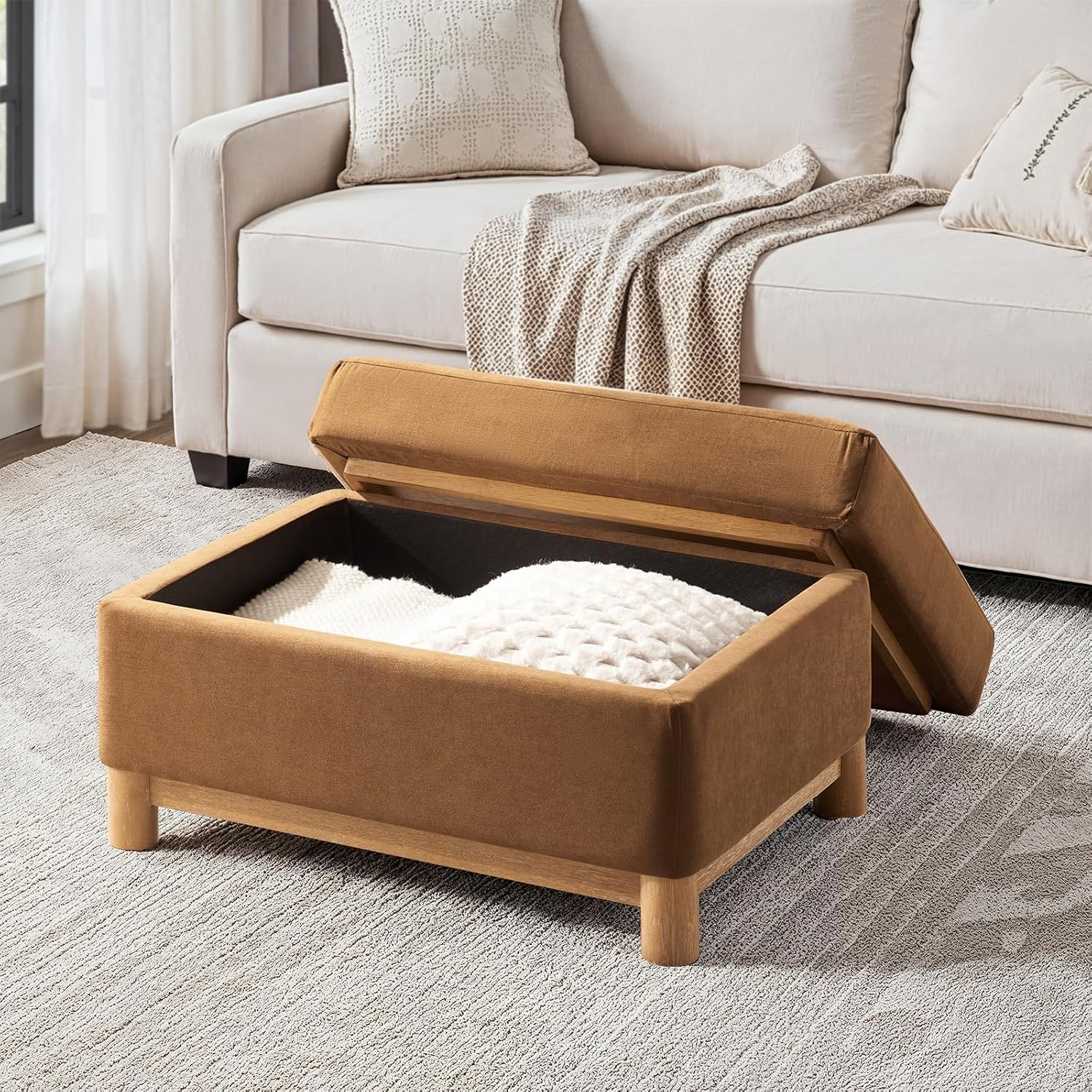 HULALA HOME 30.25' Ottoman Coffee Table with Reversible Tray Lid, Modern Upholstered Storage Ottoman with Solid Wood Base, Removable Top, Footrest and Extra Seating for Bedroom or Living Room, CARAMEL