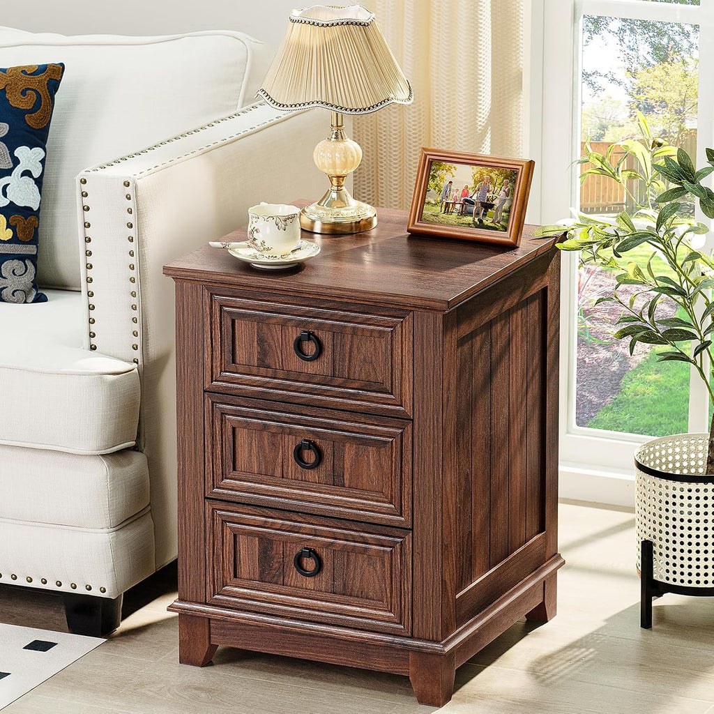 Joaxswe 18' Farmhouse Night Stand with 3 Drawers, Wood End Table Dresser for Bedroom, Retro Nightstand, Bed Side Table with Metal Handle, Bedside Cabinet for Bedroom Living Room, Closet