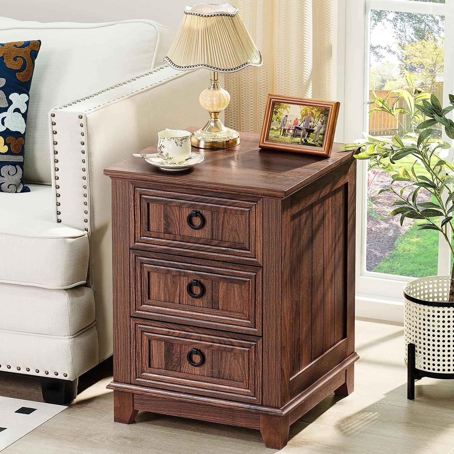 Joaxswe 18' Farmhouse Night Stand with 3 Drawers, Wood End Table Dresser for Bedroom, Retro Nightstand, Bed Side Table with Metal Handle, Bedside Cabinet for Bedroom Living Room, Closet