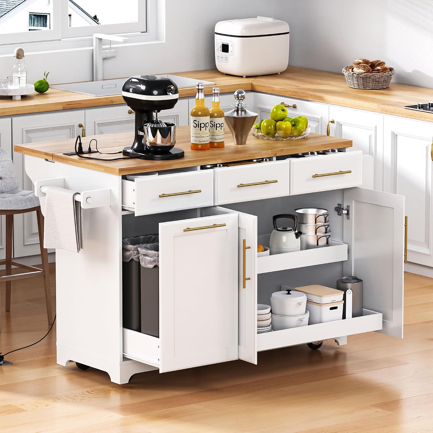 Kitchen Island Cart with Solid Wood Top, Mobile Carts with Storage Cabinet, Rolling Kitchen Table with Trash Can Storage, Power Outlet, Spice & Towel Rack, Portable Islands on Wheels, White