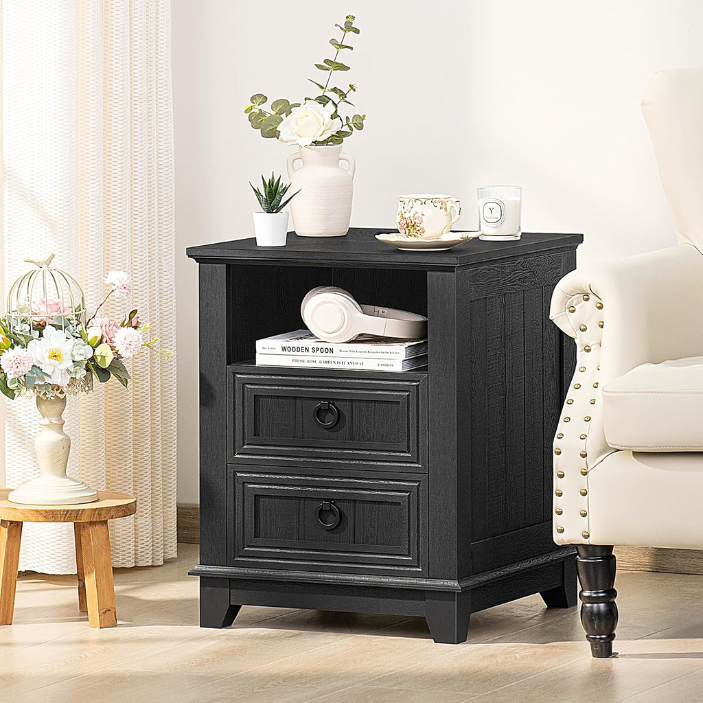 Joaxswe 18' Farmhouse Night Stand with Charging Station, 2 Drawers End Table Dresser for Bedroom, Black Wooden Nightstand, Bed Side Table with Open Shelf, Bedside Cabinet for Living Room, Closet