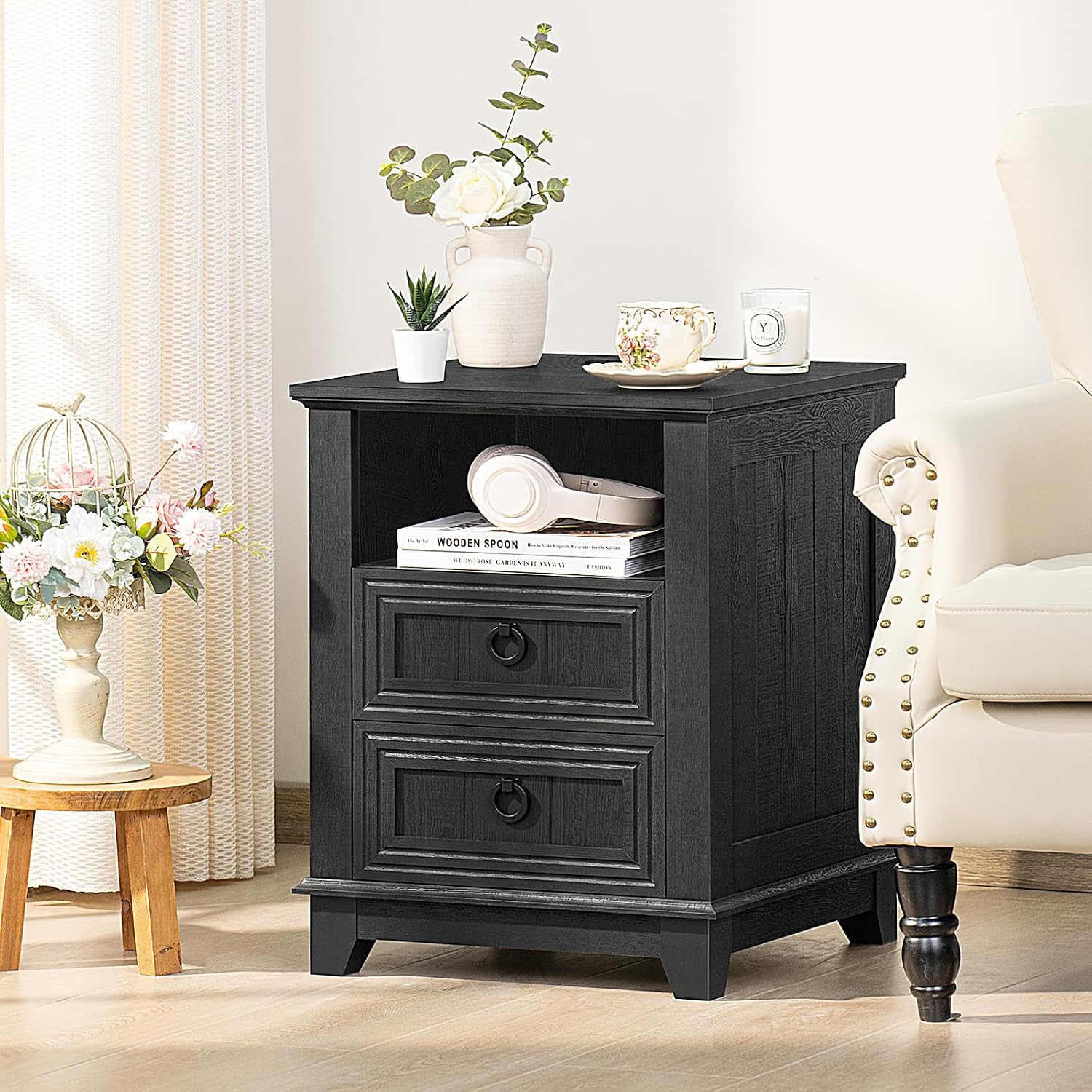 Joaxswe 18' Farmhouse Night Stand with Charging Station, 2 Drawers End Table Dresser for Bedroom, Black Wooden Nightstand, Bed Side Table with Open Shelf, Bedside Cabinet for Living Room, Closet