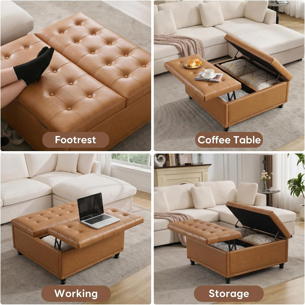 Tbfit Large Square Storage Ottoman Bench, Tufted Upholstered Coffee Table Ottoman with Lift Top & Wooden Legs, Oversized Storage Ottomans Toy Box for Living Room (Camel PU)