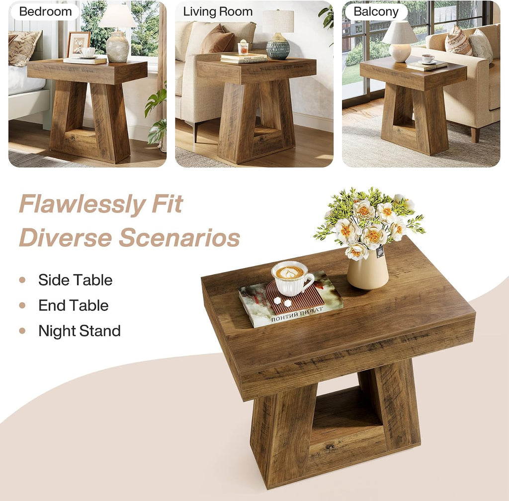 Tribesigns 24' Modern Side Table, 2-Tier Narrow Wooden End Table with Trapezoid Base, Farmhouse Small Nightstand for Living Room, Bedroom (1, Brown)