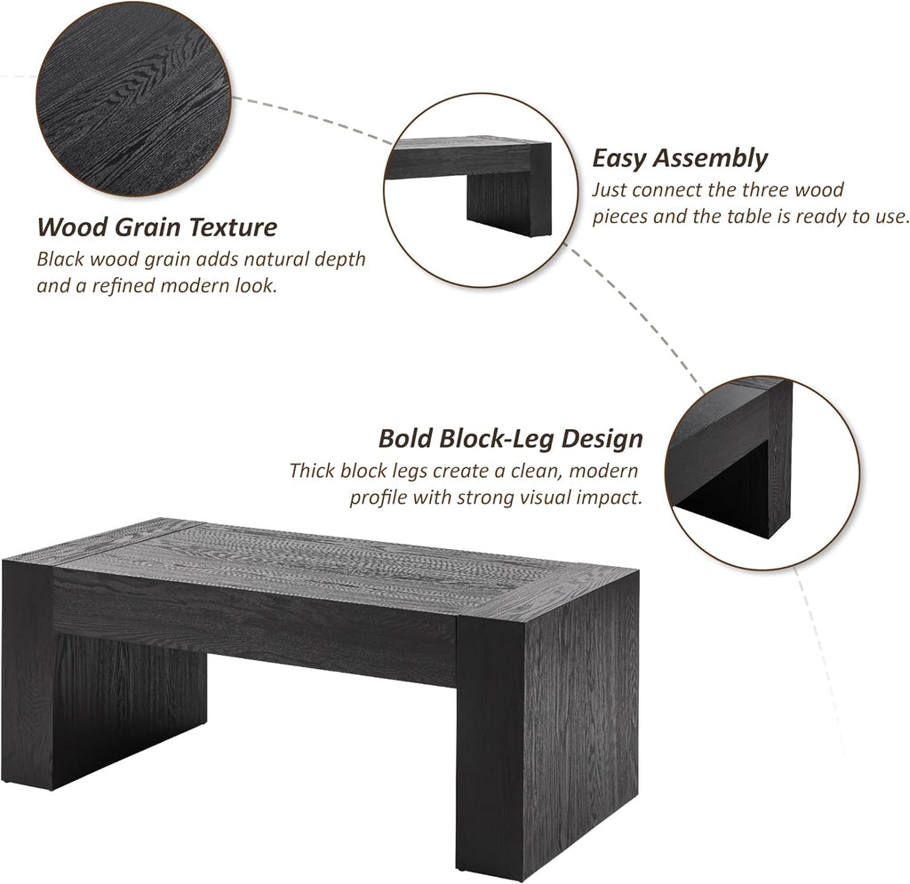 COZAYH Modern Black Wood Coffee Table with Thick Block Legs and Natural Wood Grain, Rectangular Large Center Table for Living Room Decor, Office, Farmhouse, Sturdy