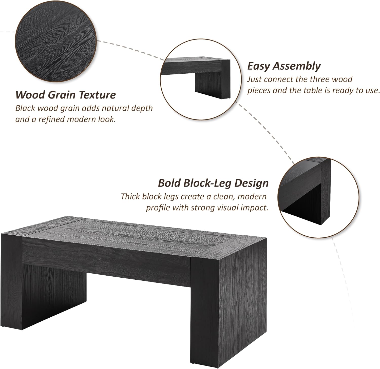 COZAYH Modern Black Wood Coffee Table with Thick Block Legs and Natural Wood Grain, Rectangular Large Center Table for Living Room Decor, Office, Farmhouse, Sturdy