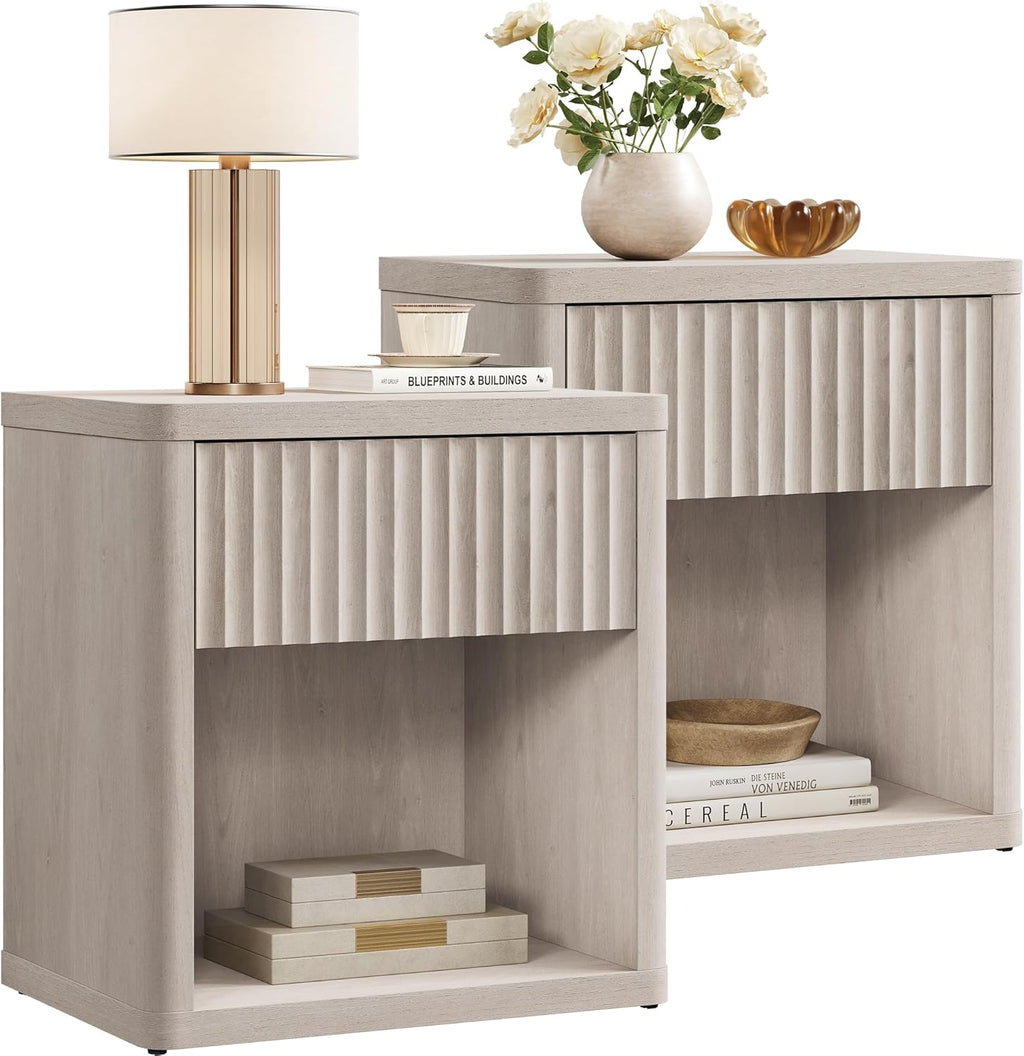 SICOTAS Night Stand Set of 2 Nightstands with Drawer Storage Fluted Bed Side Table End Table Large Modern Wide Bedside Stand Mid Century Night Stands for Bedroom Living Room Sofa Office, White Alder
