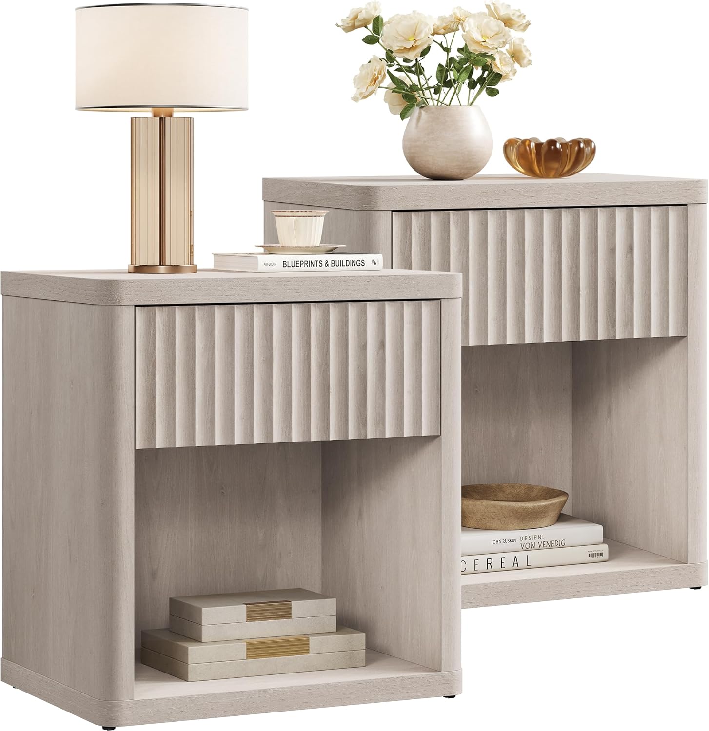 SICOTAS Night Stand Set of 2 Nightstands with Drawer Storage Fluted Bed Side Table End Table Large Modern Wide Bedside Stand Mid Century Night Stands for Bedroom Living Room Sofa Office, White Alder
