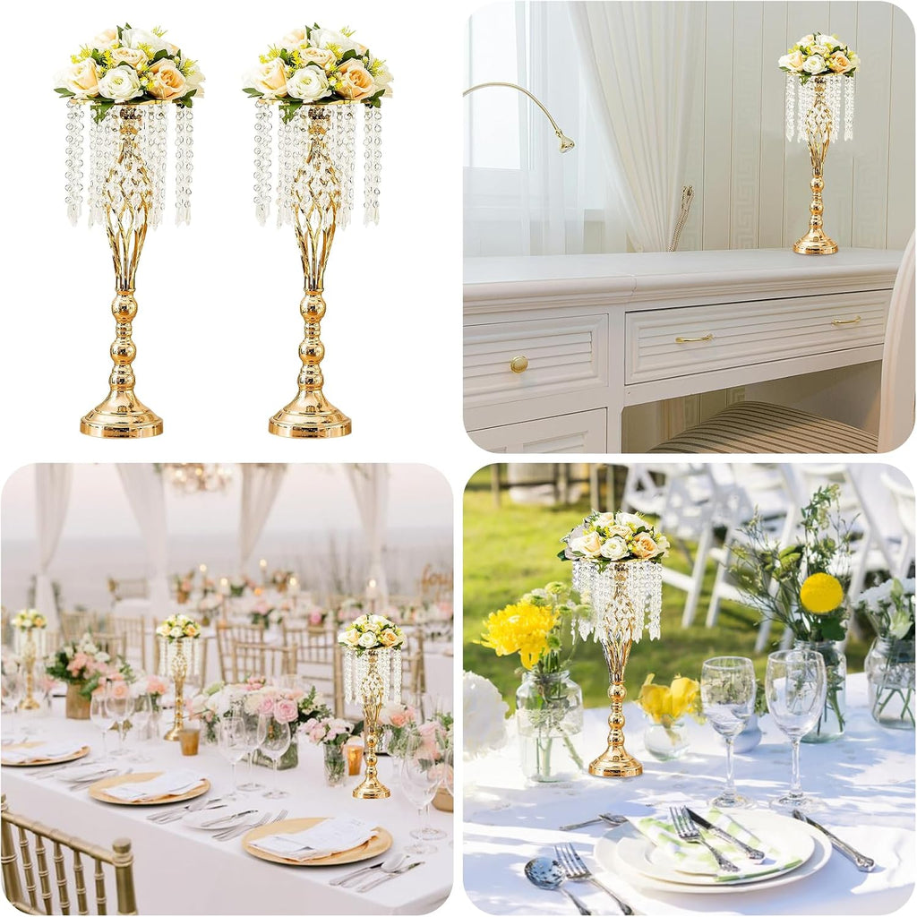10 Pcs 21.7 Inch Gold Crystal Flower Stand Wedding Centerpieces for Table, Tall Metal Flower Arrangement Stand with Metal Chandelier Tabletop for Event, Birthday, Home Decor