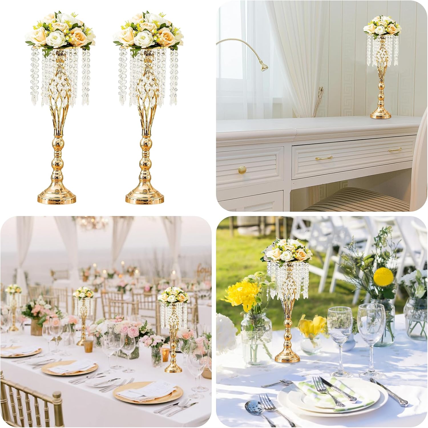 10 Pcs 21.7 Inch Gold Crystal Flower Stand Wedding Centerpieces for Table, Tall Metal Flower Arrangement Stand with Metal Chandelier Tabletop for Event, Birthday, Home Decor