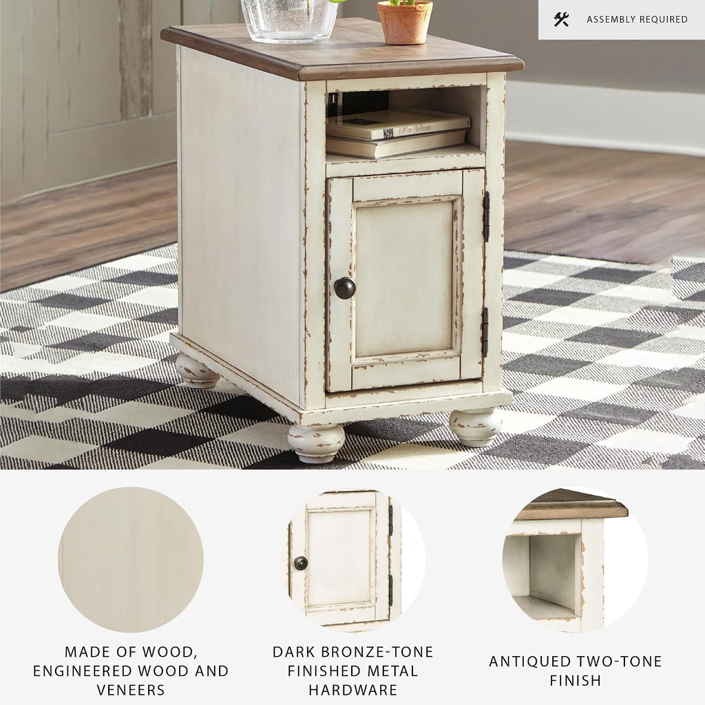 Signature Design by Ashley Realyn French Country Chair Side End Table, Cabinet Storage with Shelf, Outlets and USB Ports, Wood, 14' W x 24' D x 23.13' H, Cream