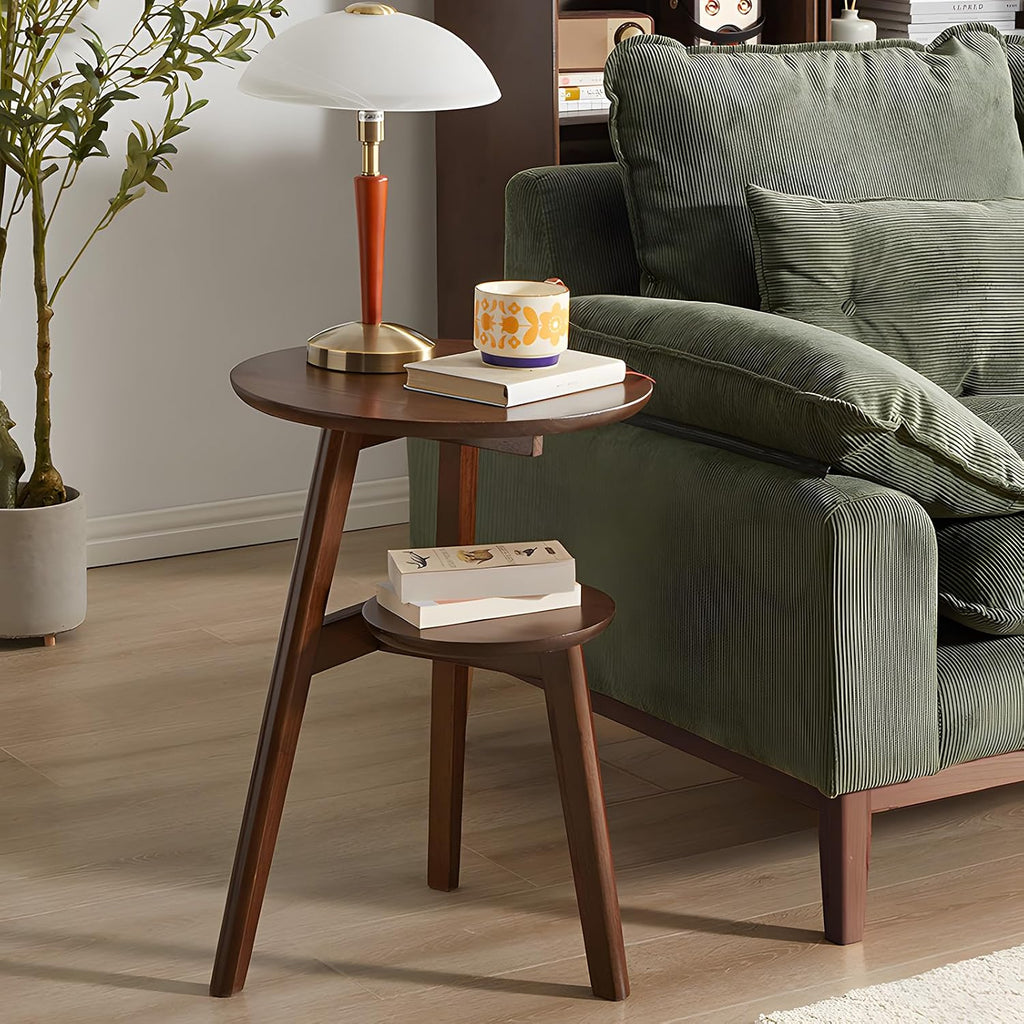 Side Table, 2-Tier Round End Tables Living Room, Mid Century Modern Side Table, Round Nightstand, Oak Accent Table, Small Round Coffee Table, 16.54' Dia.x 23.62' H(Walnut)