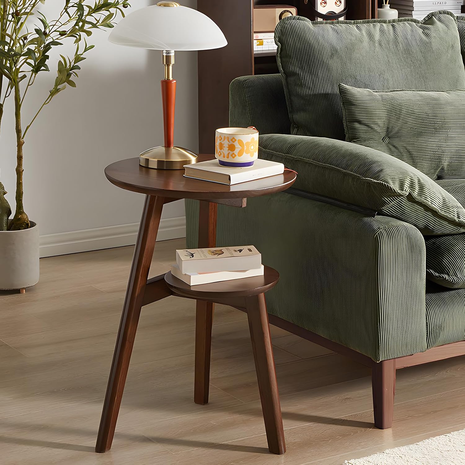 Side Table, 2-Tier Round End Tables Living Room, Mid Century Modern Side Table, Round Nightstand, Oak Accent Table, Small Round Coffee Table, 16.54' Dia.x 23.62' H(Walnut)
