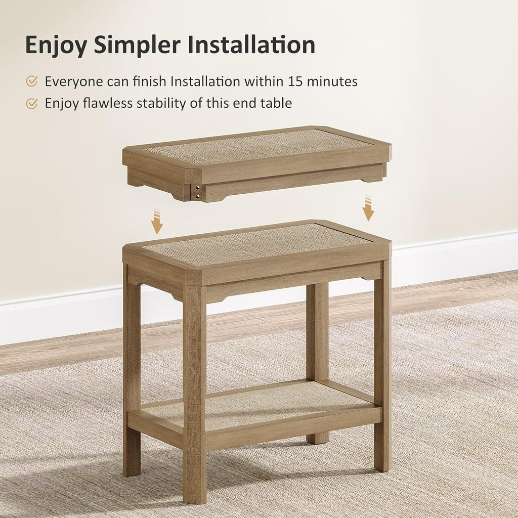 Eclatara Rattan Night Stand Set of 2 - Farmhouse 2 Tier End Table for Bedroom - Accent Side Table wtih Open Storage Shelves for Small Space Narrow Coffee Table Bamboo, Oak