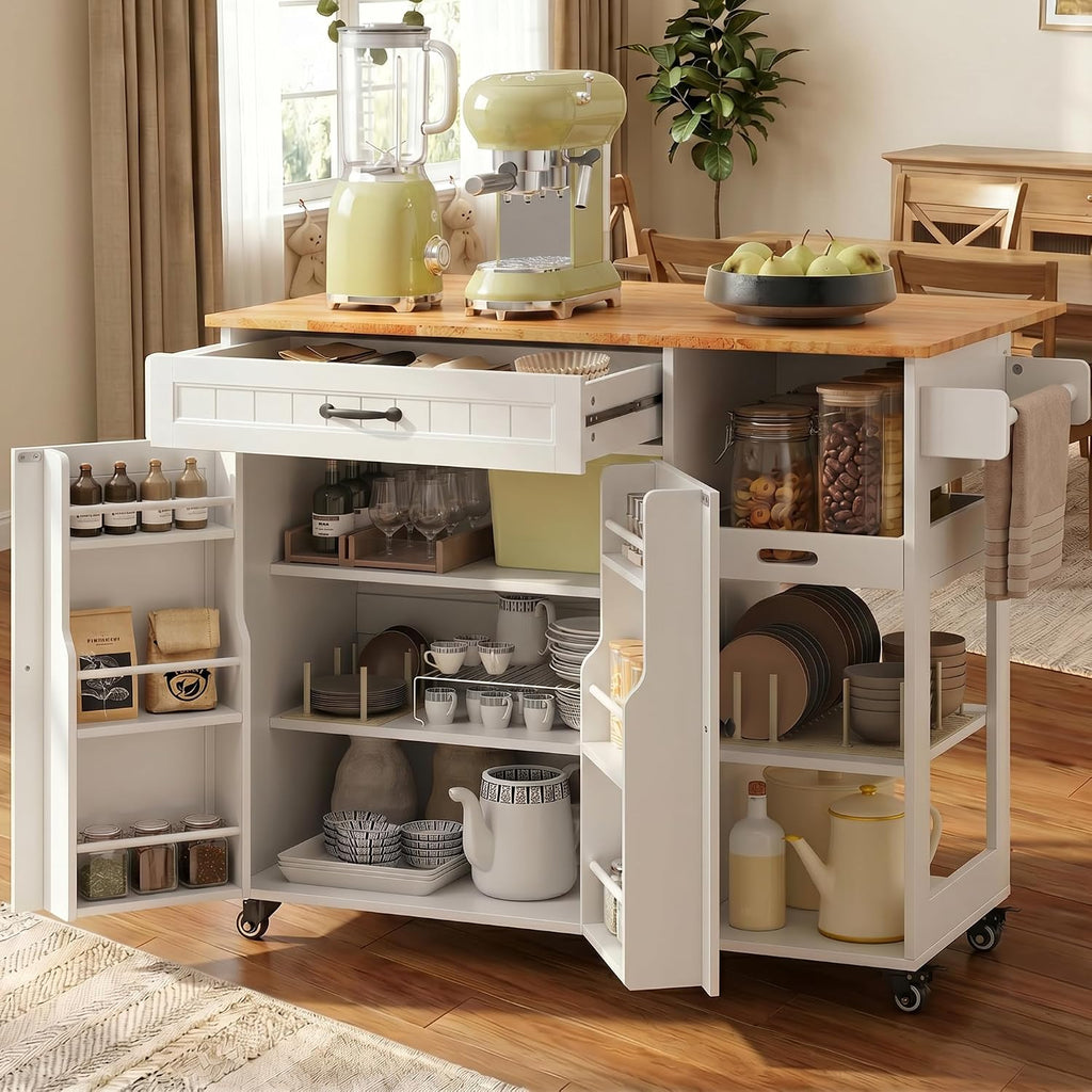 Gizoon Update Kitchen Island, 41.7' W Kitchen Island with Storage, Rolling Island Table on 5 Wheels, with Drop Leaf, Refrigerator Door, Adjustable Shelf, Spice/Towel Rack, Removable Tray, White