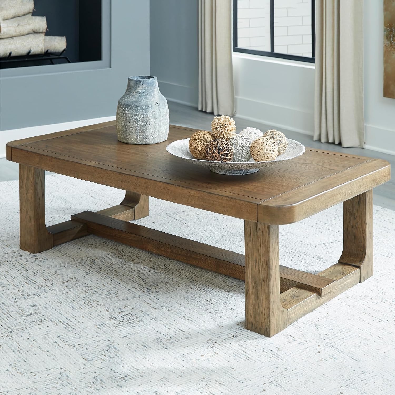 Signature Design by Ashley Cabalynn Modern Coffee Table with Solid Wood Frame, Light Brown