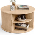 LINSY HOME Round Coffee Table, 31.5' Drum Coffee Table with Sliding Tambour Door, Fluted Accent Center Table with Storage, Mid Century Modern Coffee Table for Living Room, Oak