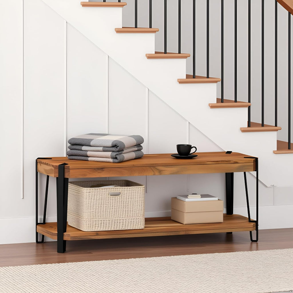 Ryegate 48-Inch Live Edge Acacia Wood & Metal Entryway Bench with Bottom Shelf – 2-Tier Rustic Industrial Wood Bench for Dining Room, Living Room, or Bedroom by Alaterre Furniture