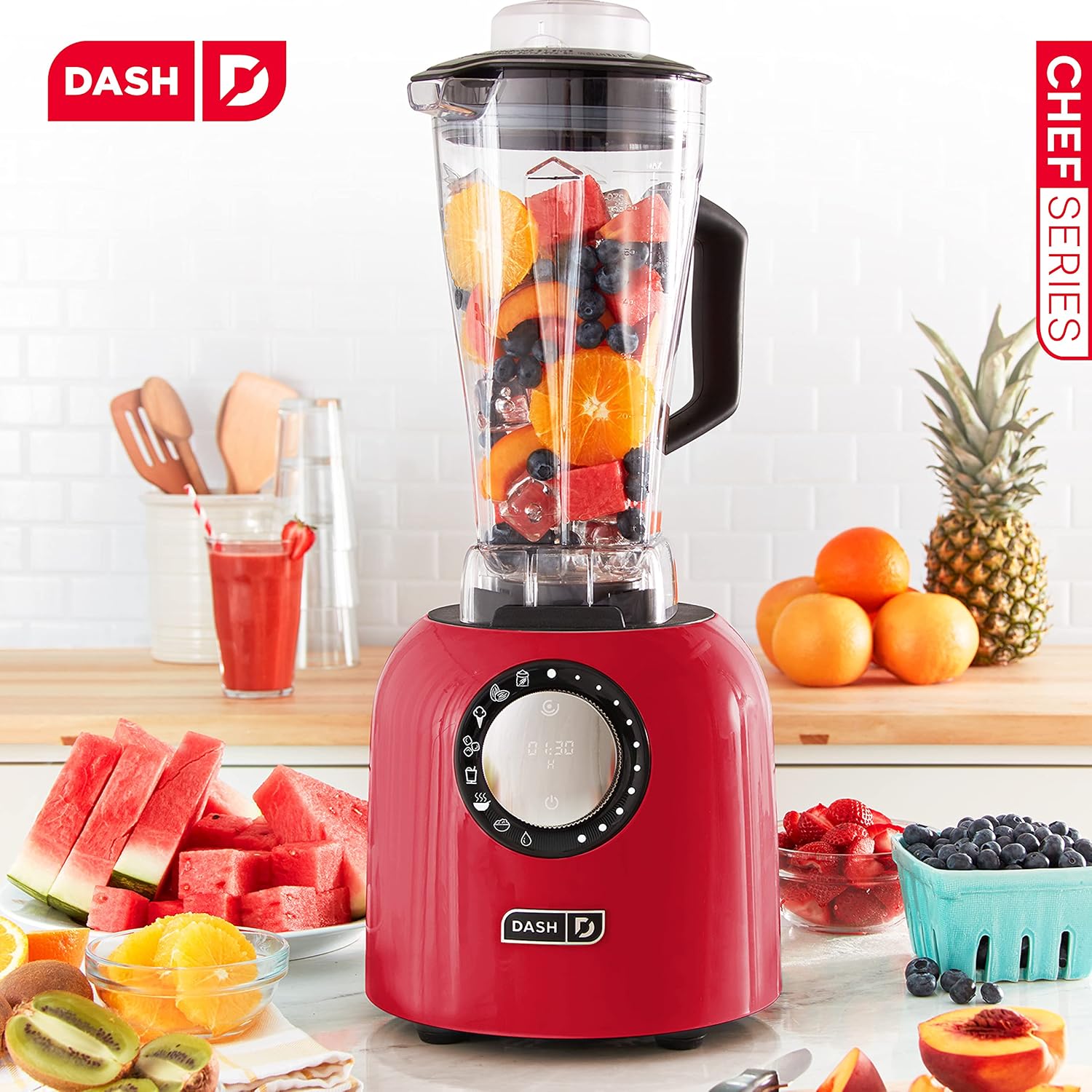 Dash Chef Series Deluxe Digital Blender - 1400W Professional High Speed Blender for Smoothies, Soups & Frozen Drinks, 64 oz BPA-Free Tritan™ Pitcher, 8 Presets, Stainless Steel Blades, USB Port - Red