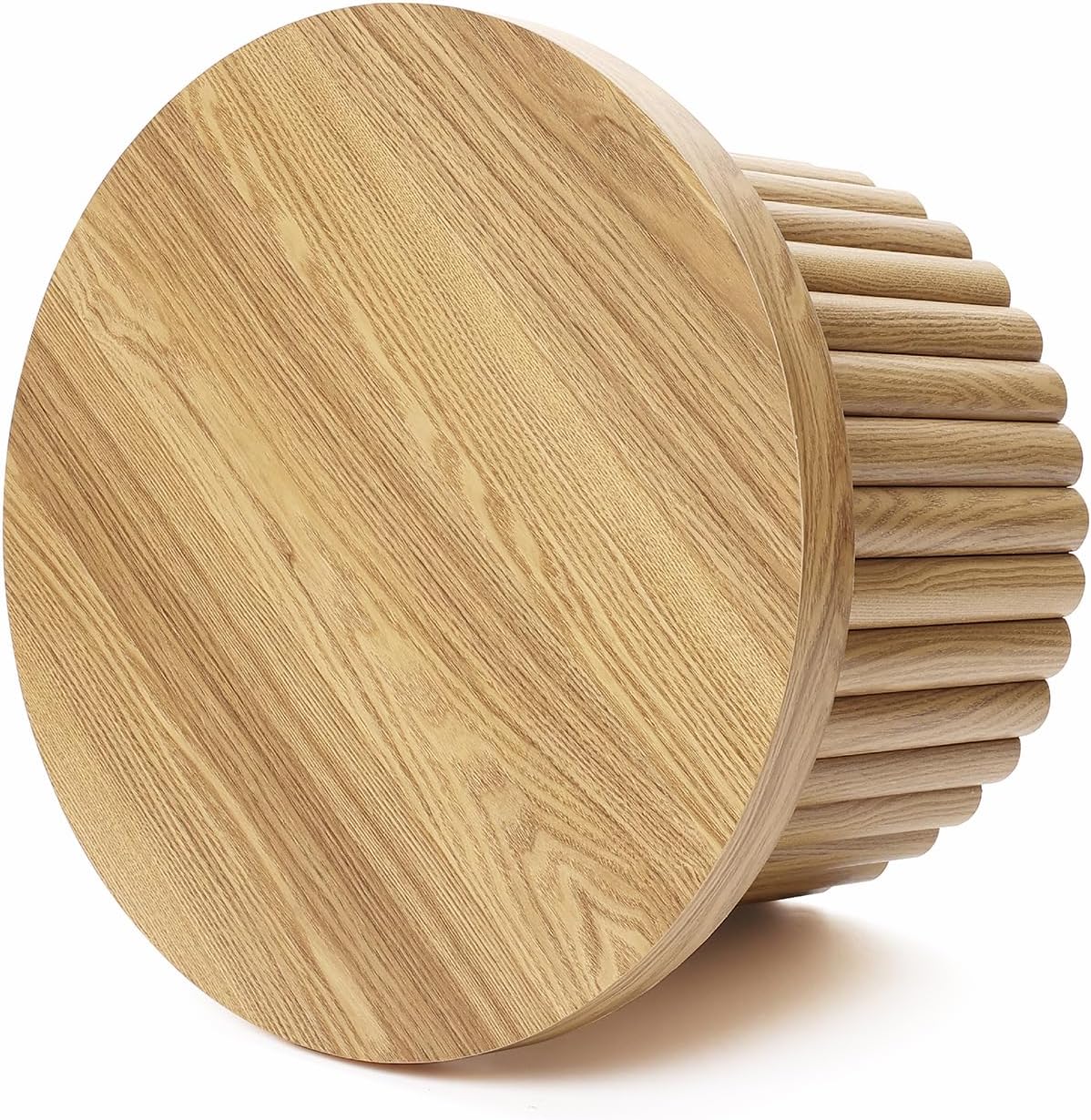 LuxenHome 23.5' Small Round Coffee Table, Wooden Fluted Oak Accent Table, Modern Side Tables for Living Room