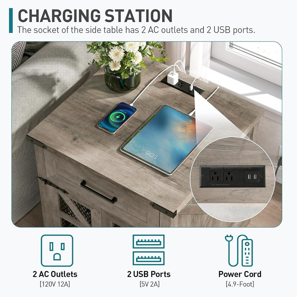 RALGEND Farmhouse End Table with Charging Station, 24' Large Sofa Side Table with Drawer, Large End Table for Living Room, Wooden Nightstand with Outlet, Square, Greige