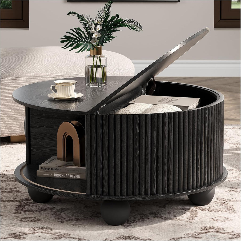 Round Coffee Table with Storage, 31.5' Mid Century Modern Coffee Table with Sliding Door & Bun Feet, Minimalist Fluted Center Table for Living Room, Home Small Space, Black