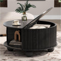 Round Coffee Table with Storage, 31.5' Mid Century Modern Coffee Table with Sliding Door & Bun Feet, Minimalist Fluted Center Table for Living Room, Home Small Space, Black