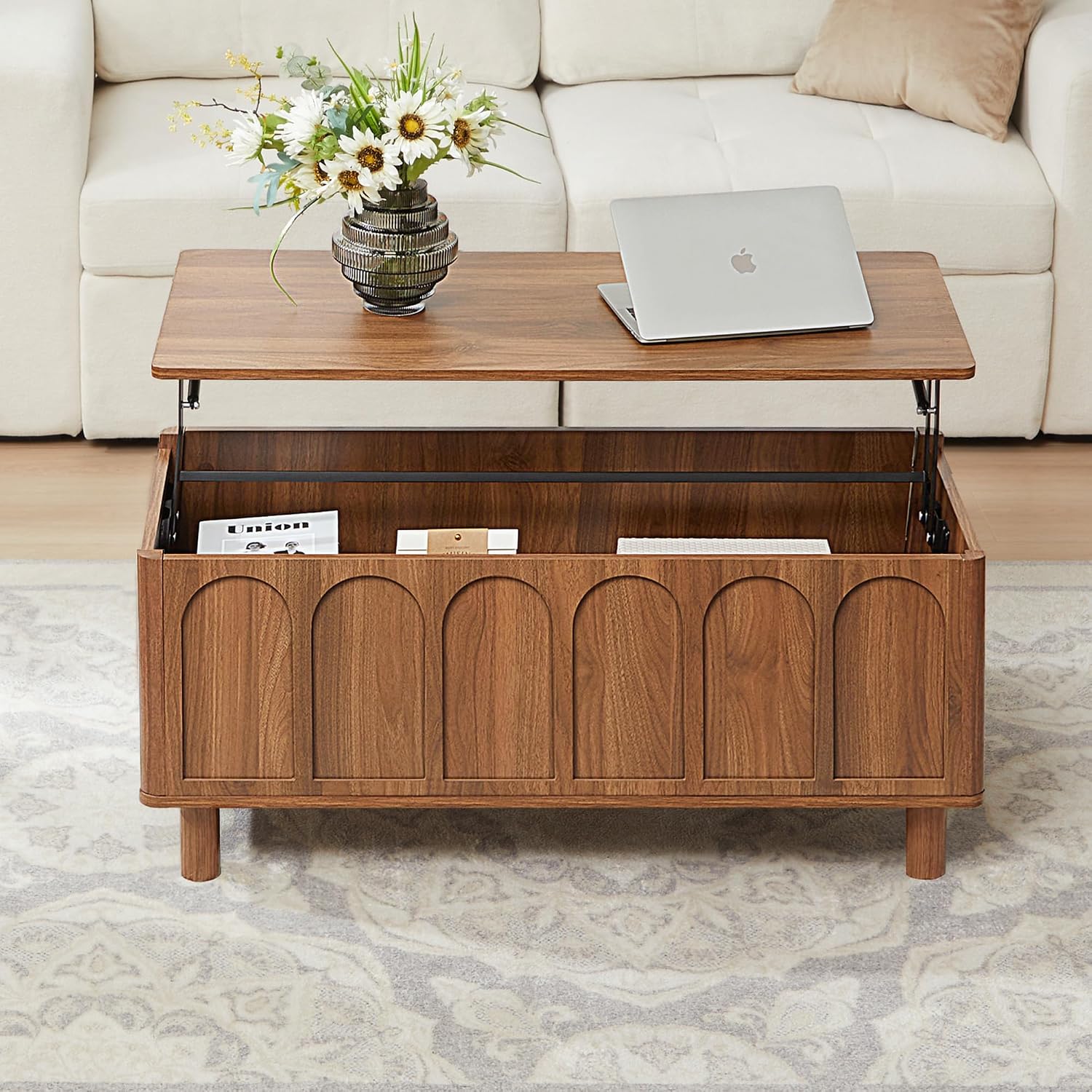 Lift Top Coffee Table with Arched Finish, Modern Coffee Table with Lifting Tabletop & Hidden Storage, Wood Center Table for Living Room,Convenient for Dining, Gaming or Working (Walnut)
