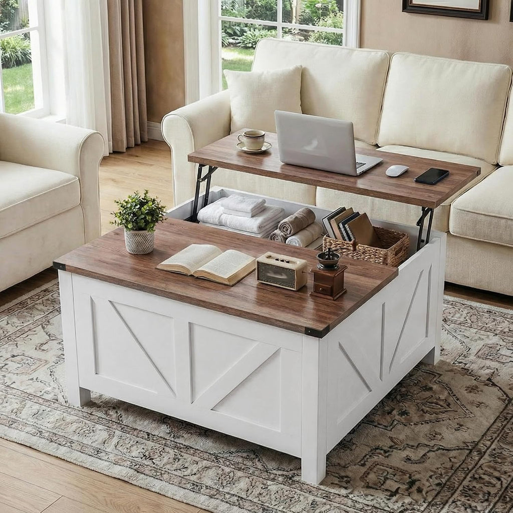 35' Farmhouse Coffee Table with Large Storage, Rustic Wood Lift Top Coffee Table for Living Room, Square Center Table with Charging Station&USB, Modern Port Pottery Barn Lift top Table