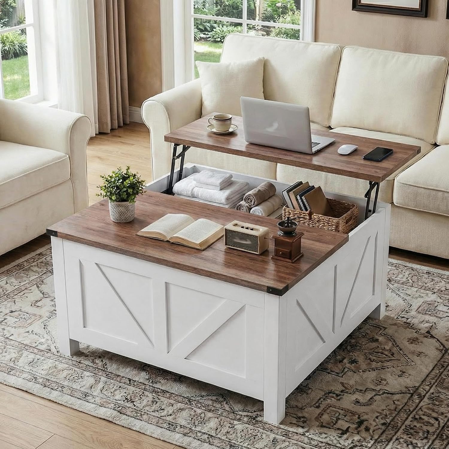 35' Farmhouse Coffee Table with Large Storage, Rustic Wood Lift Top Coffee Table for Living Room, Square Center Table with Charging Station&USB, Modern Port Pottery Barn Lift top Table