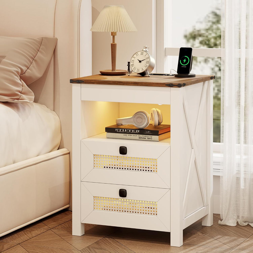 Nightstand with Gun Drawer, Rattan Bedside Table with Charging Station, LED End Table with Human Sensor Light, Gun Night Stand for Bedroom Living Room, Farmhouse Design, White