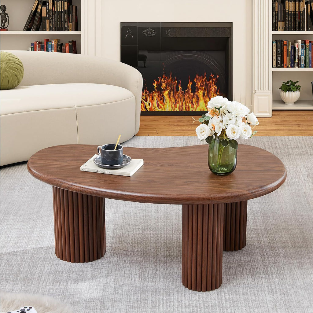 Fluted Coffee Table, 39'' Farmhouse Coffee Tables for Living Room, Low Wood Accent Center Table Small Tea Table with Sturdy Base & Rounded Corners for Small Space Home Office (Walnut)