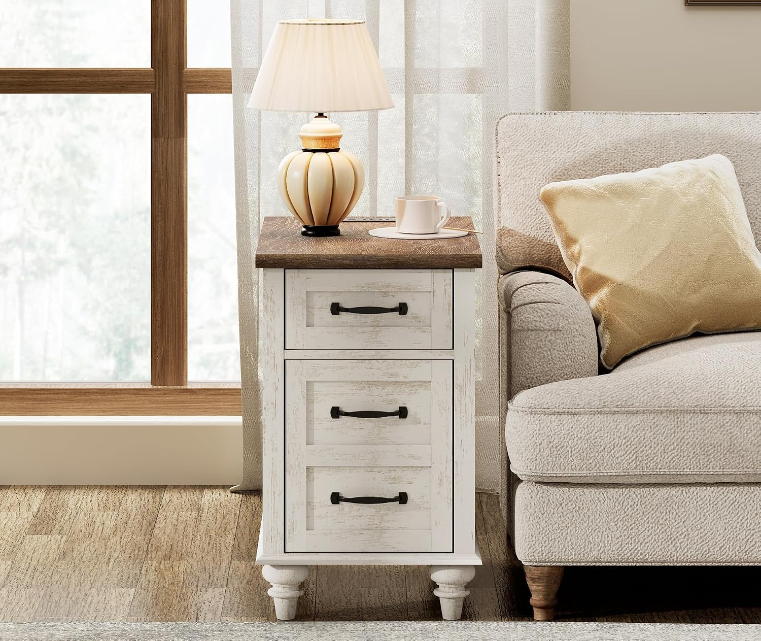WAMPAT Antique White End Table with Charging Station, Wooden Side Table with Drawer & Storage Cabinet, Farmhouse Nightstand with Power Outlets & USB Ports for Living Room, Bedroom