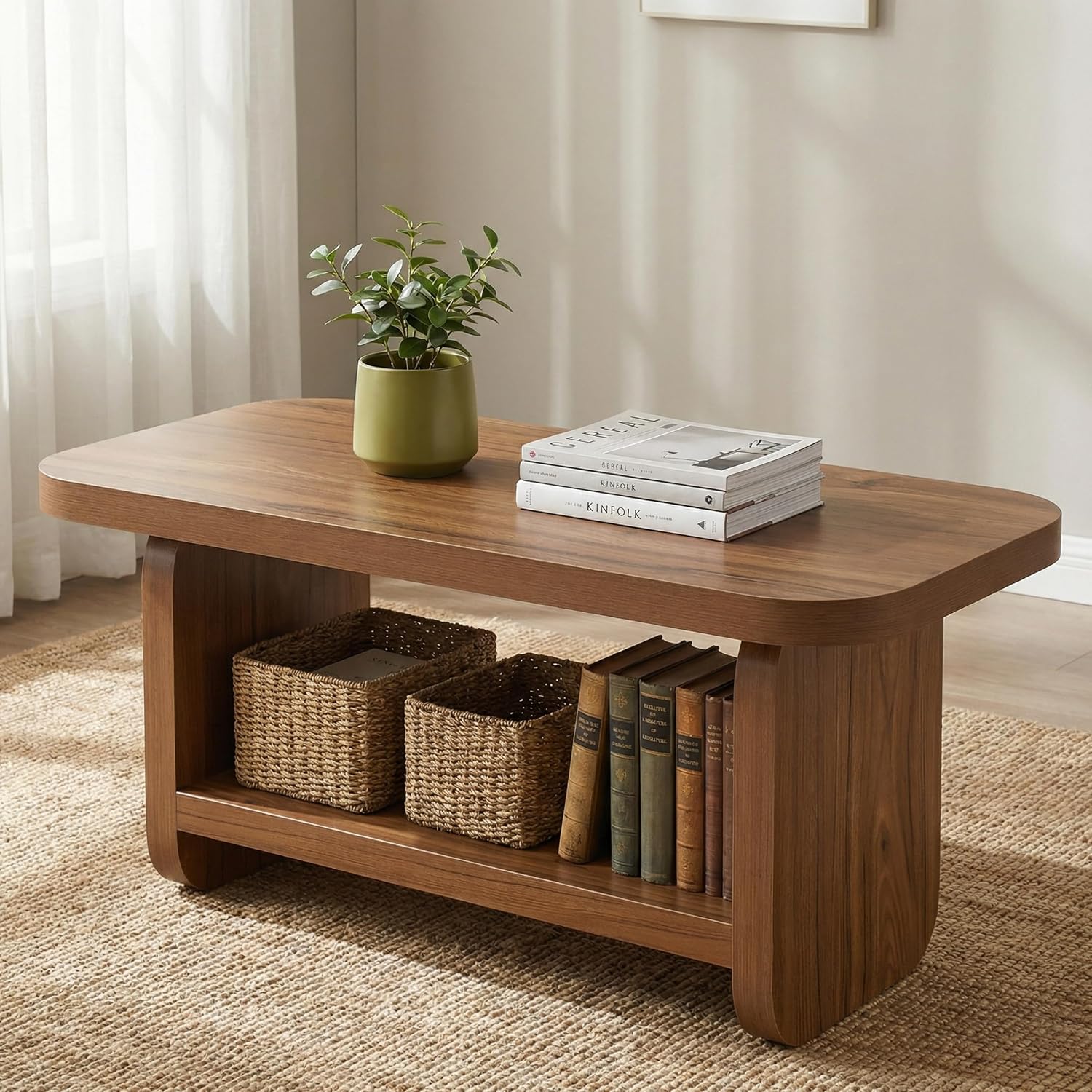 LITTLE TREE Wooden Coffee Table, 47.2' Center Table with Storage, Modern Farmhouse Rectangle Living Room Tables with Rounded Corners for Living Room, Bedroom, Kids Room, Home Office, Brown