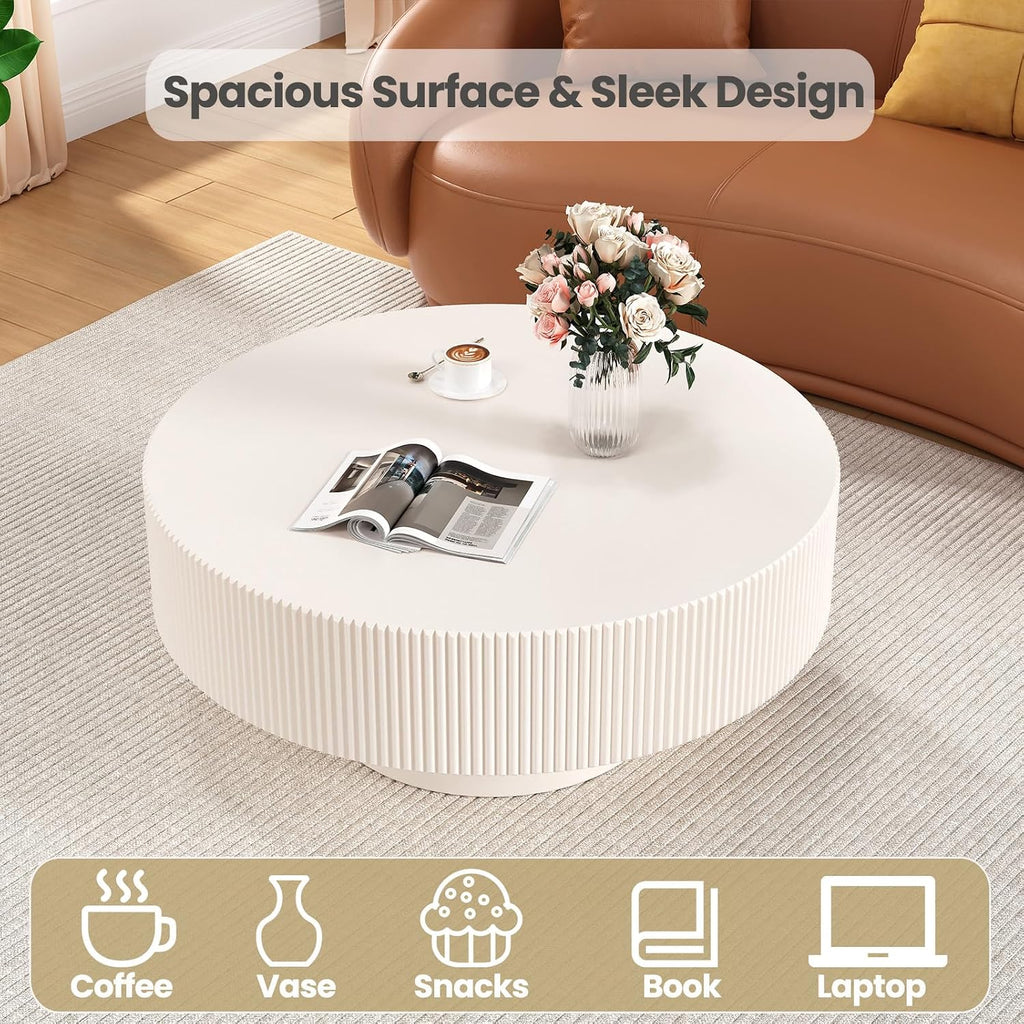 Modern Fluted Round Coffee Table - Handcraft Wooden Drum Coffee Tables with Sturdy Base, Circle Coffee Table Center Tea Table for Living Room Office Apartment Small Space, Easy Assembly(White 30.9')