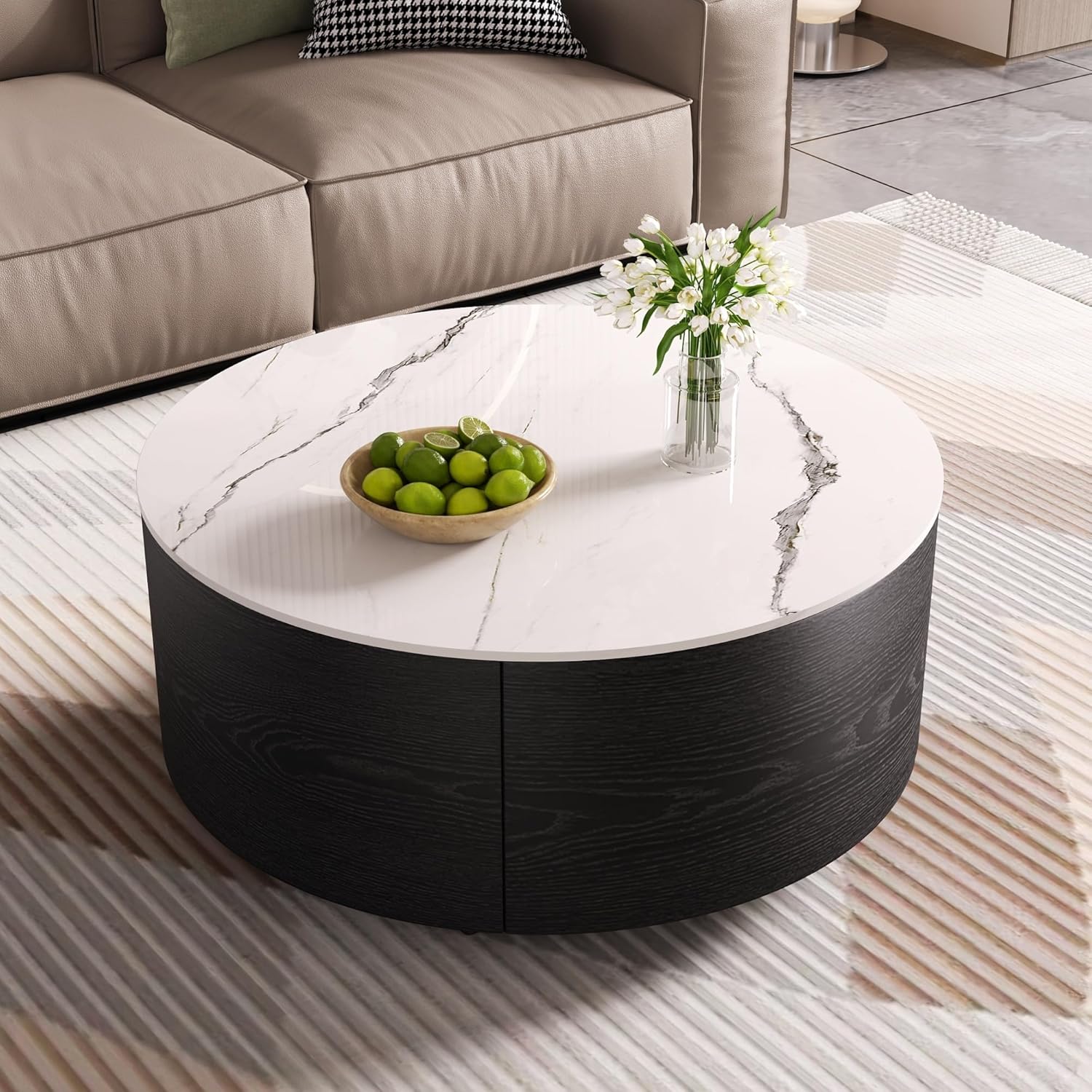 Merax 29.5' Round Coffee Table for Living Room, Movable Accent Table with Casters and 2 Storage Drawers, Marble Pattern Sintered Stone Top, Black and White