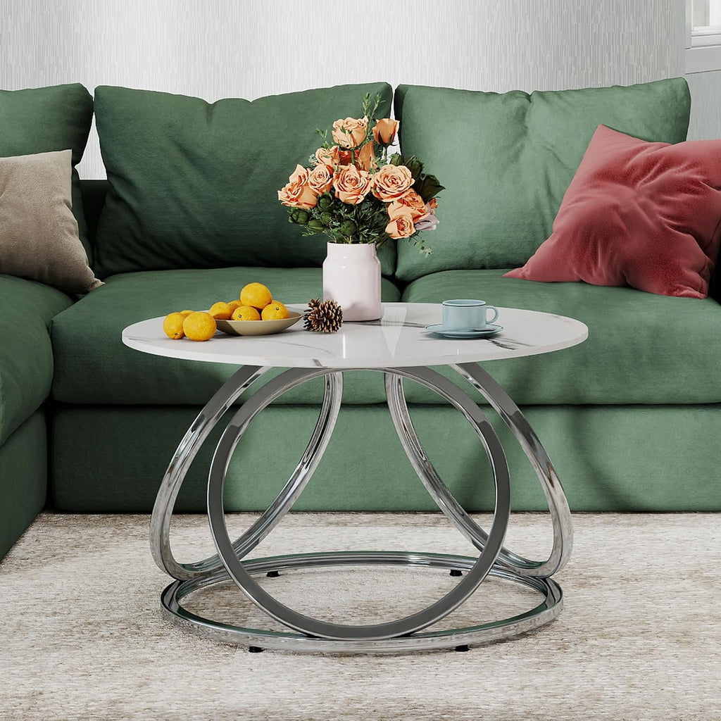 O&K FURNITURE Silver Coffee Table, Round Coffee Table Faux Marble Veins, Modern Center Table with Chrome Finish, for Living Room, Home Office, 1 PC