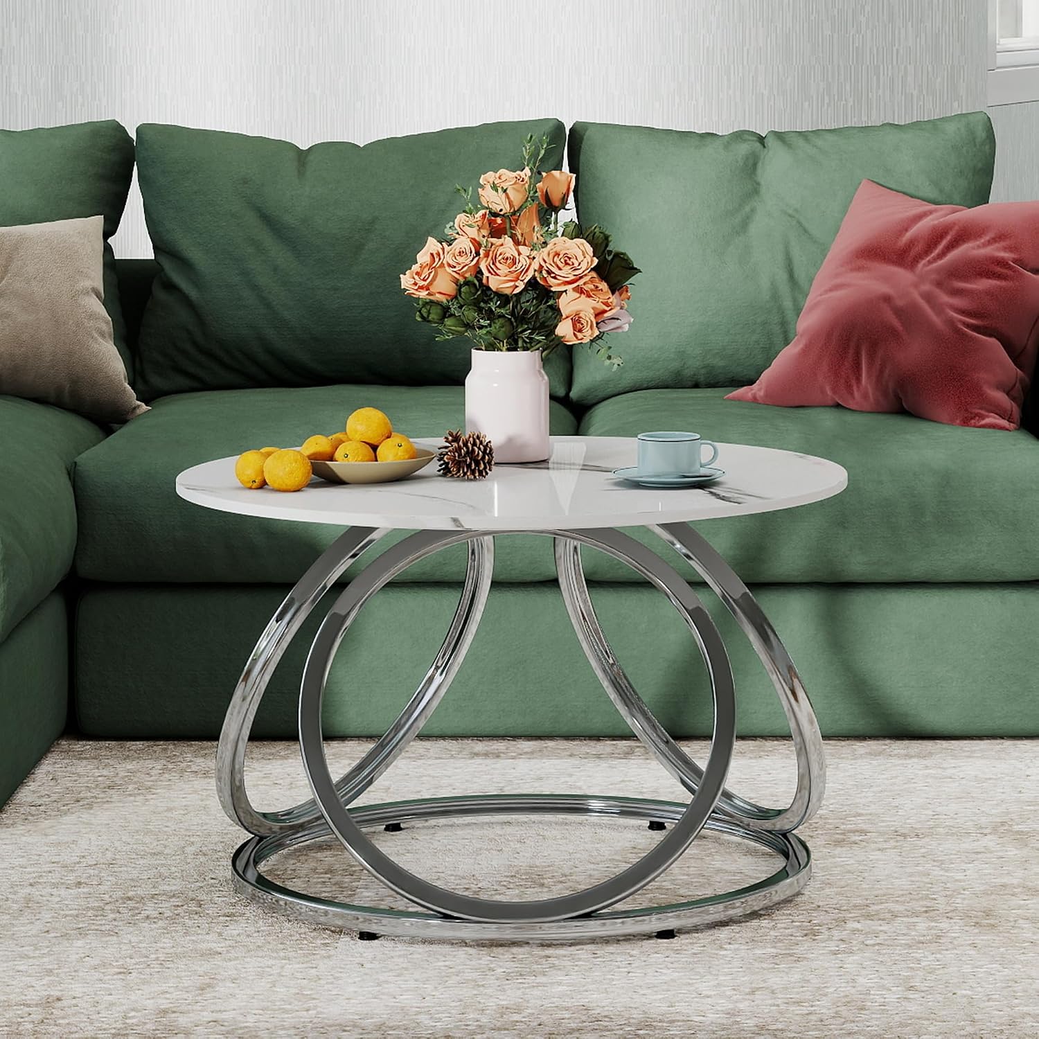 O&K FURNITURE Silver Coffee Table, Round Coffee Table Faux Marble Veins, Modern Center Table with Chrome Finish, for Living Room, Home Office, 1 PC