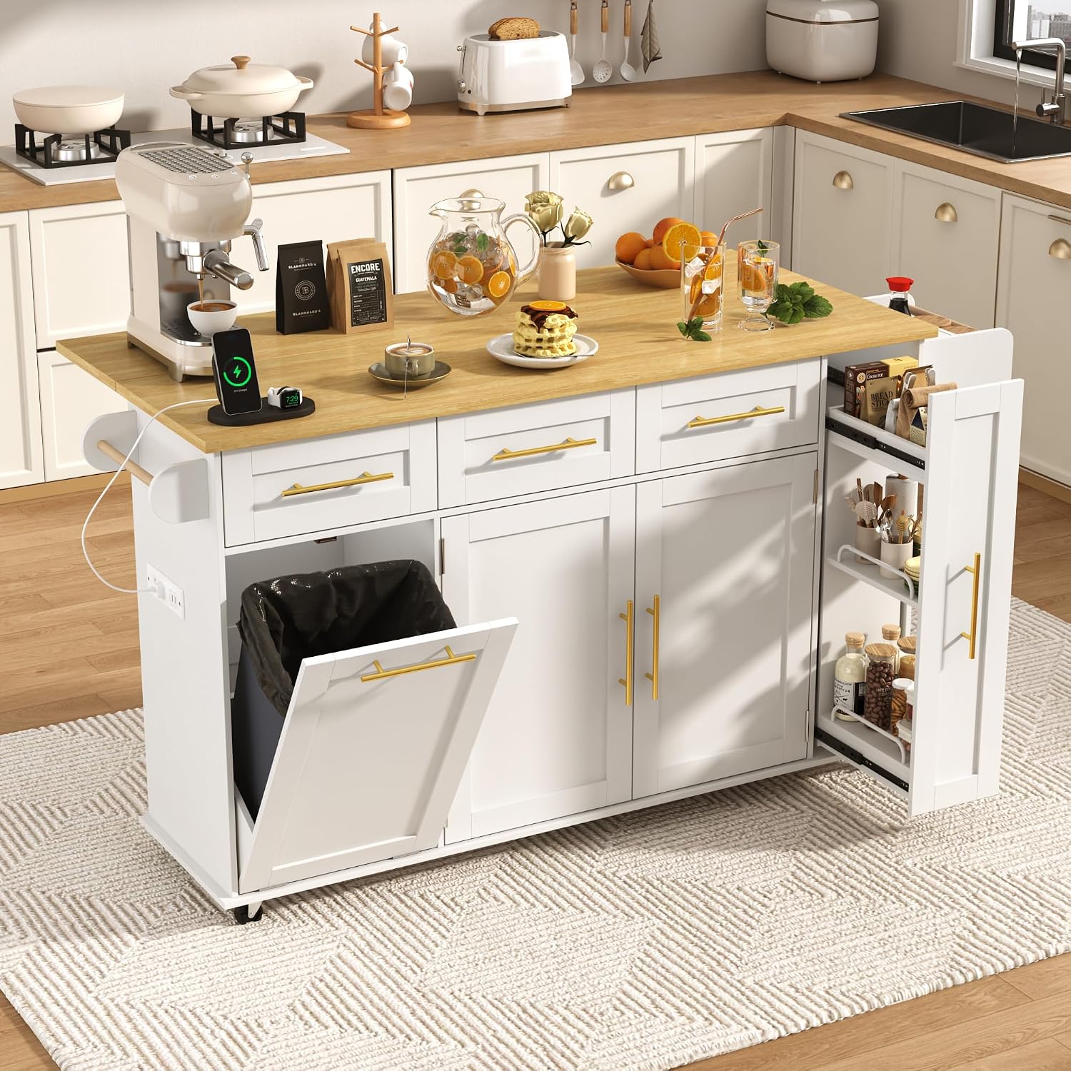 St.Mandyu 69' Large Kitchen Island on Wheels, Kitchen Rolling Island Cart with Trash Storage Cabinet, Power Outlet, 3-Tier Pull-Out Storage Trays, Drop Leaf, Mobile Island Table for Kitchen, White