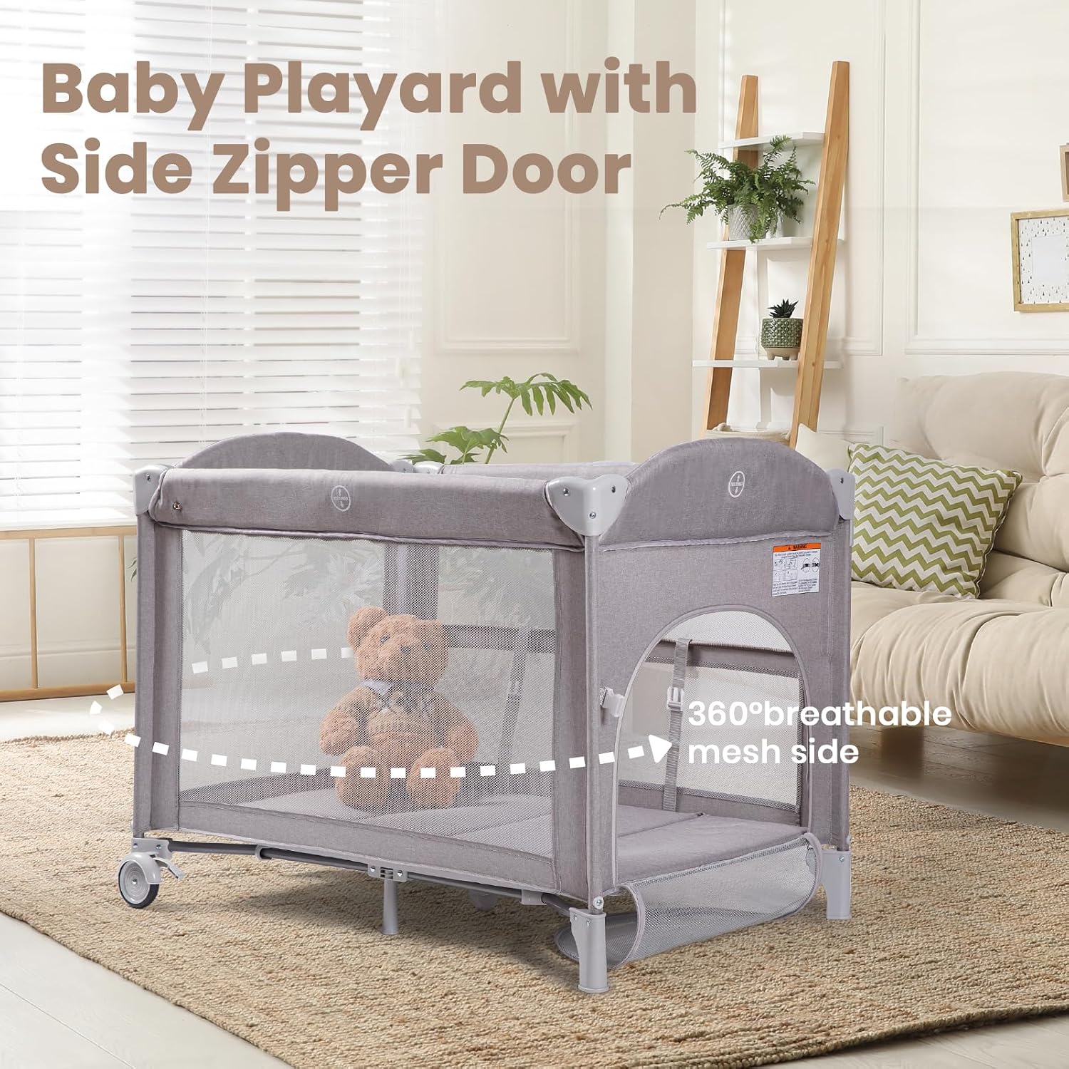 Rinnebbit Baby Bassinets Bedside Sleeper, 4 in 1 Portable Bedside Crib w/Mattress, Diaper Changer, Storage Basket, Music Box, Carry Bag, Foldable Playard Sleeper for Newborn (Light Gray)