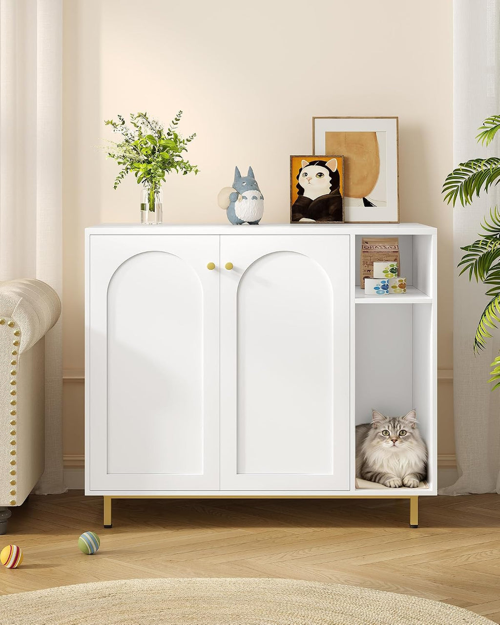 Hzuaneri Extra Large Cat Litter Box Enclosure, Automatic Litter Box Furniture with Scratch Pad, Wooden Modern Self-Cleaning Cat Cabinet with Storage, Cat Washroom, End Table, White and Gold CB87103G