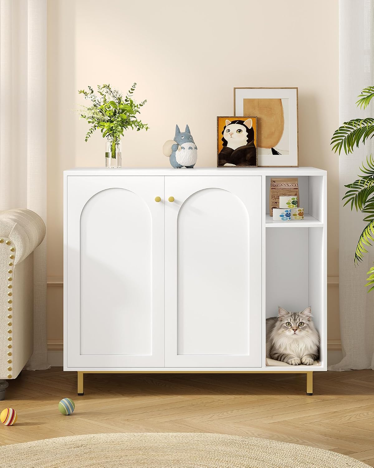 Hzuaneri Extra Large Cat Litter Box Enclosure, Automatic Litter Box Furniture with Scratch Pad, Wooden Modern Self-Cleaning Cat Cabinet with Storage, Cat Washroom, End Table, White and Gold CB87103G