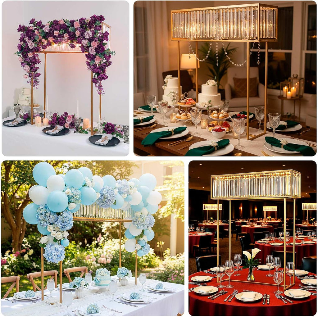 Efavormart 48' Tall Crystal Pendant Flower Stand, Gold Metal Rectangular Centerpiece Vase – Premium Floor Display Rack for Wedding Decor