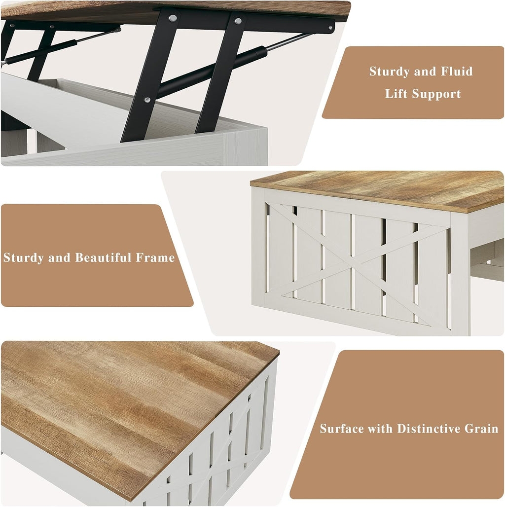 HUAHUU Coffee Table, 31.5 Lift Top Coffee Tables with Storage Hidden Compartment, Farmhouse Coffee Tables with Ottoman Bench, Center Table with Wooden Lift Tabletop for Living Room, White