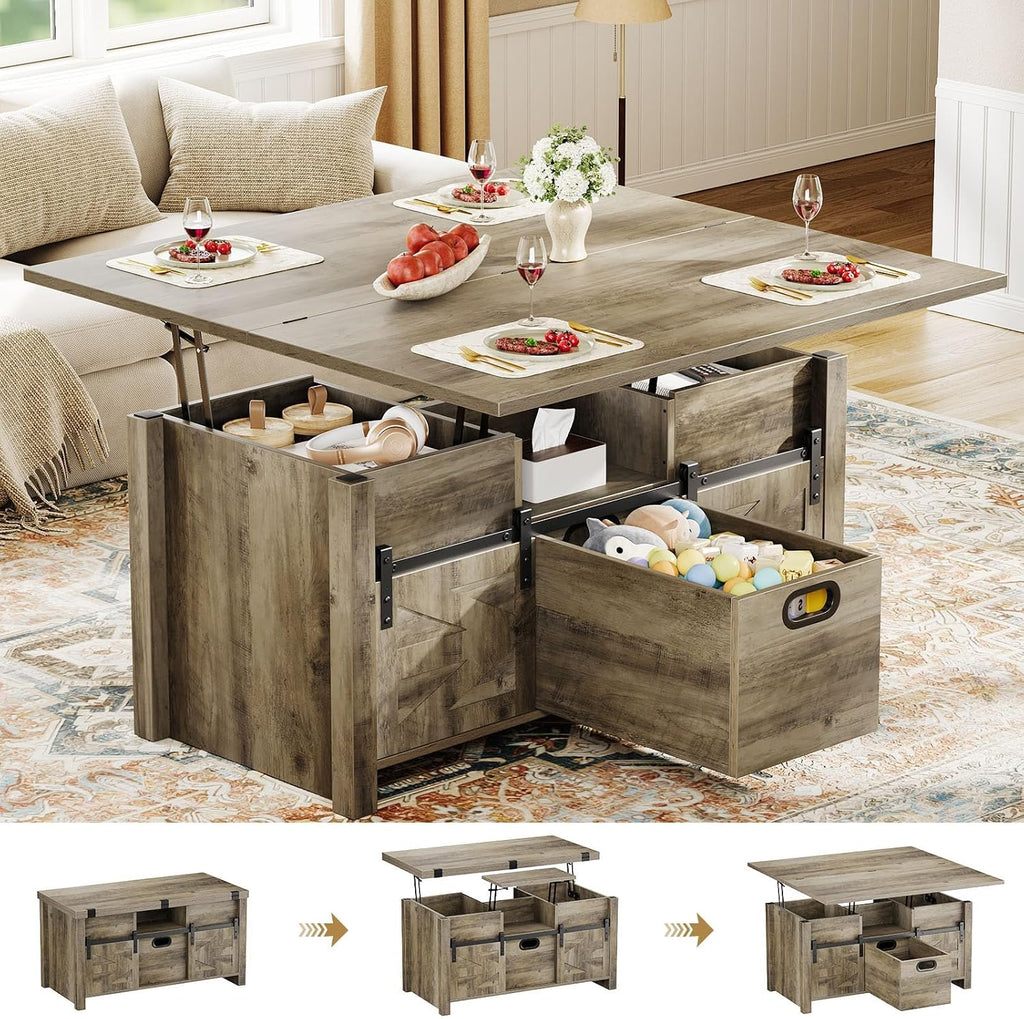Memobarco 40' Farmhouse Lift Top Coffee Table with Sliding Barn Door,4 in 1 Multi-Function Coffee Tables with Storage Drawers & Hidden Compartment,Converts to Dining Table for Living Room,Grey