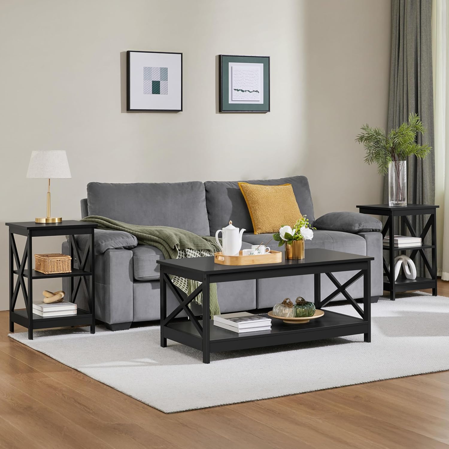 Yaheetech Wood Living Room 3-Piece Table Sets - Includes X-Design Coffee Table & Two 3-Tier End Side Tables, Easy Assembly Home Accent Furniture, Black