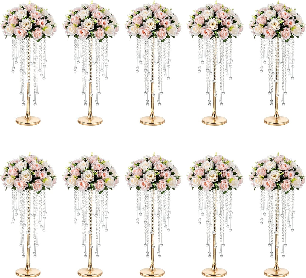 NUPTIO Gold Vases for Centerpieces Wedding - 10 Pcs 21.7in Tall Vase Centerpieces for Tables - Chandelier Flower Stand Bulk
