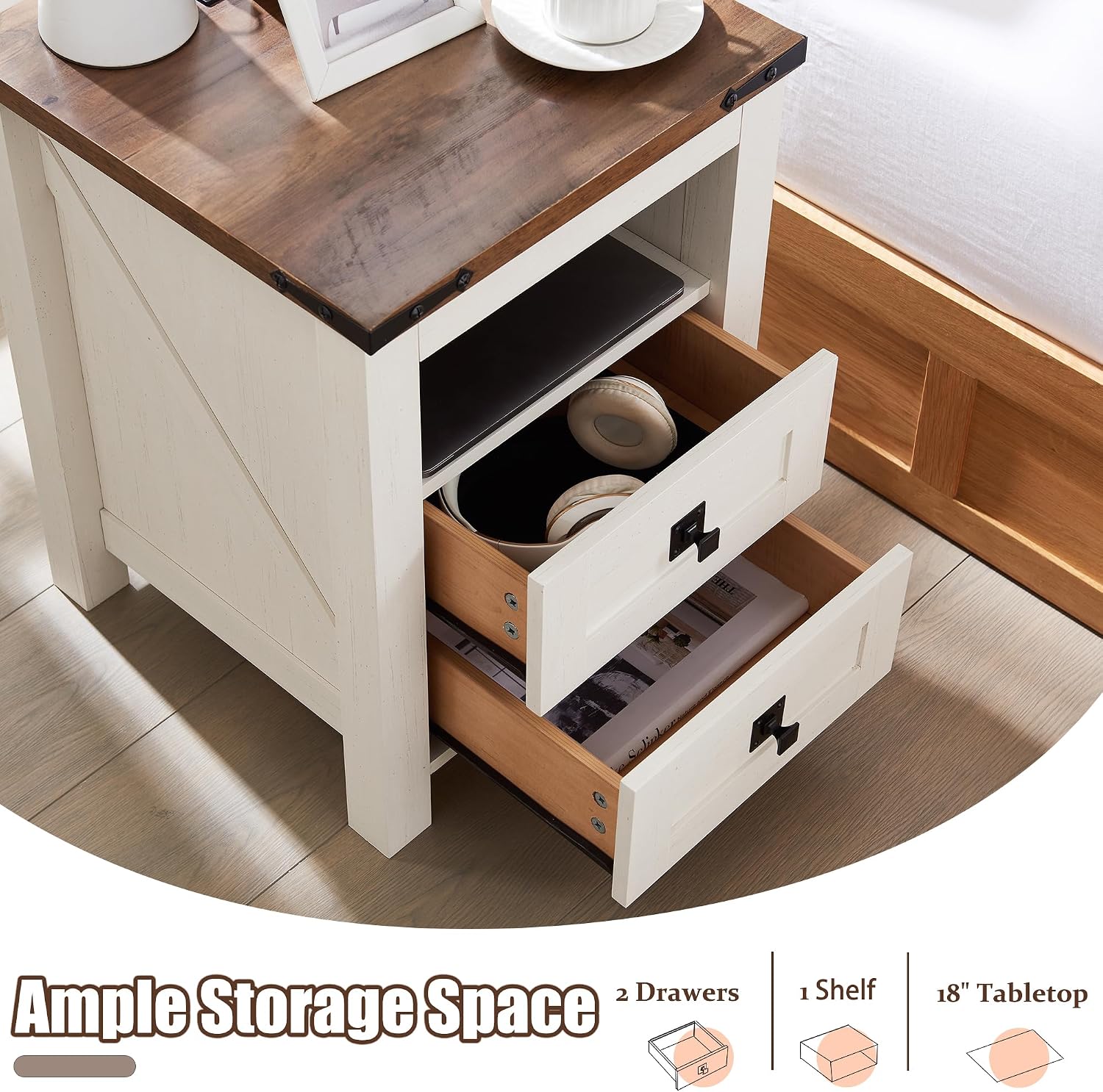 T4TREAM Nightstand with Charging Station, End Table, Side Table with 2 Drawers Storage Cabinet for Bedroom, Living Room, Farmhouse Design, Wood Rustic, Antique White