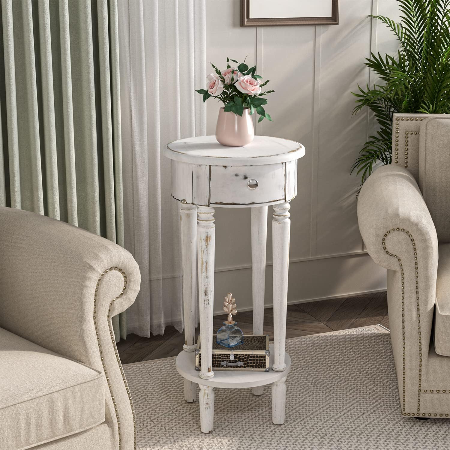COSIEST Tall End Table with Drawer Sets of 2, Round Nightstand Bedside Table with Storage Shelf, Industrial Telephone End Table for Living Room, Bedroom, Hall Way, Space Saving