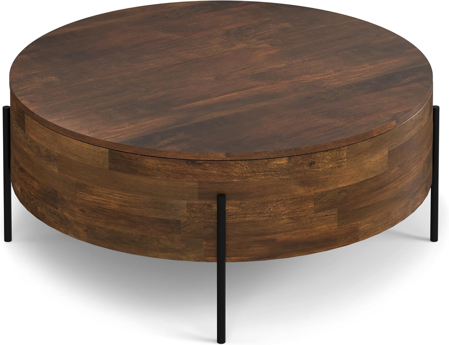 SIMPLIHOME Rayburn Drum Coffee Table - 38 inch Wide Solid Mango Wood Round Living Room Table in Walnut Brown, Modern Urban Center Table for Family Room with Black Metal Legs and Large Surface